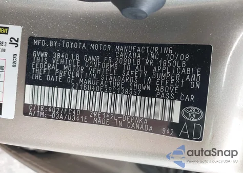 2009 Toyota Corolla Xle из США, поврежденный, VIN 2T1BU40E39C138957